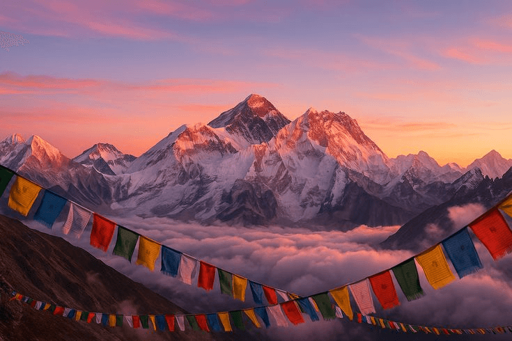 Mountain landscape with prayer flags